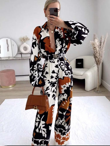 Brown Printed Long Sleeve Tops and Pants Casual Ladies Suit