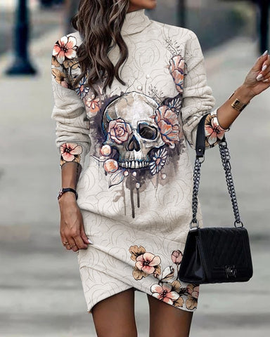 Skull Printed Long Sleeve Turtle Neck Dresses for Women