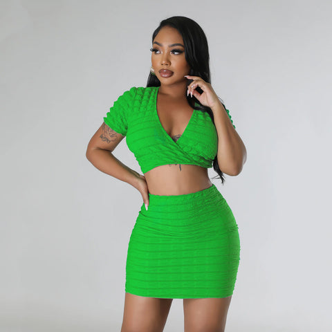 Green Popcorn Bubble Crop Tops & Mini Skirts Set