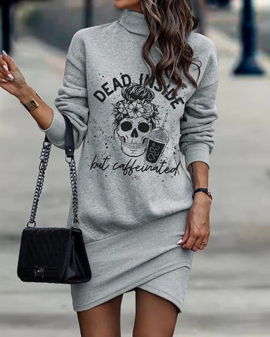 Gray Skull Printed Long Sleeve Turtle Neck Dresses for Women