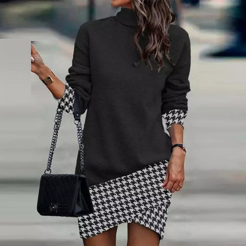 Black Printed Long Sleeve Turtle Neck Dresses for Women