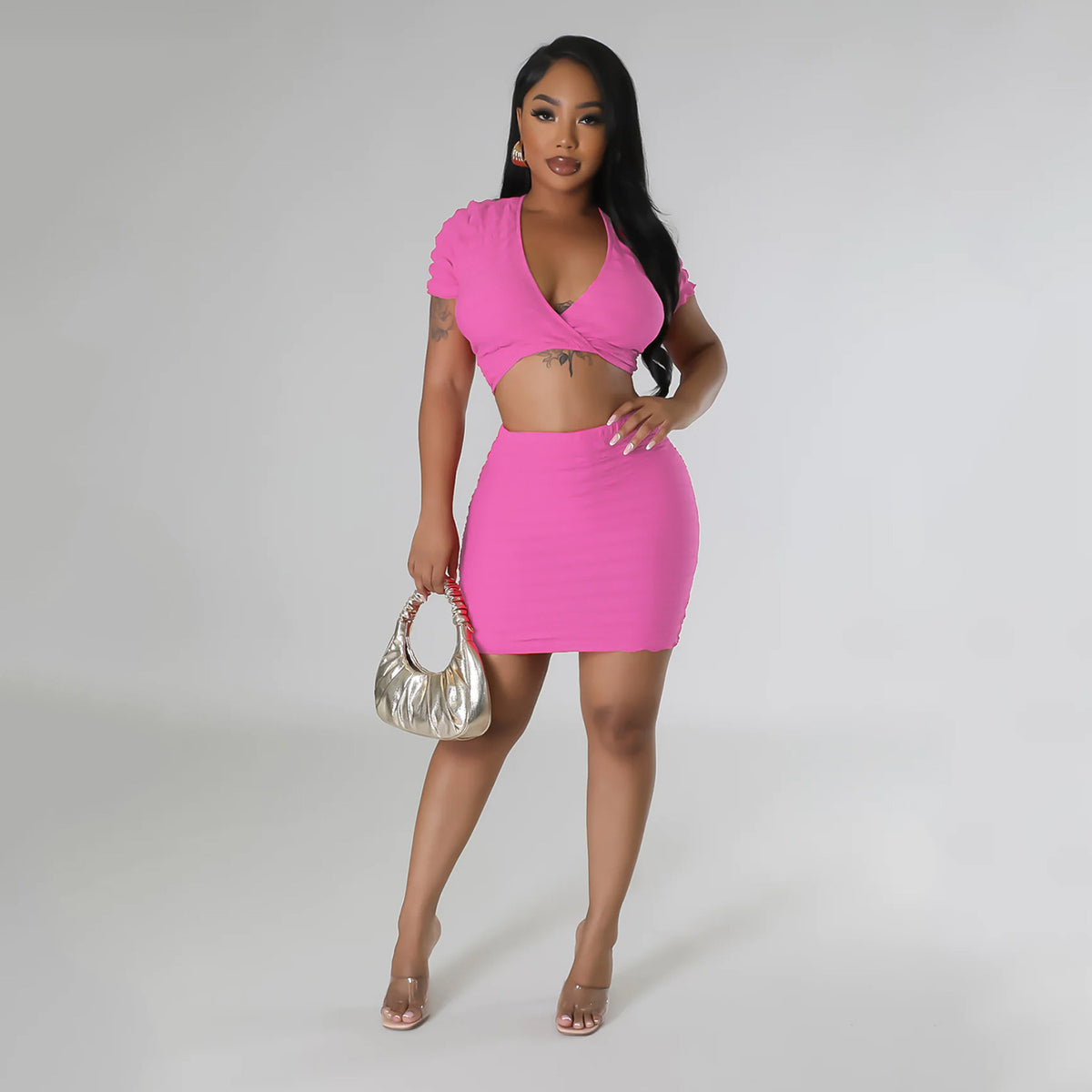 Pink Popcorn Bubble Crop Tops & Mini Skirts Set