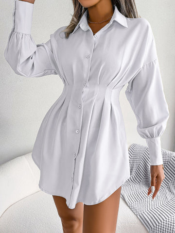 White Lantern Sleeves Waist Pleated Dress