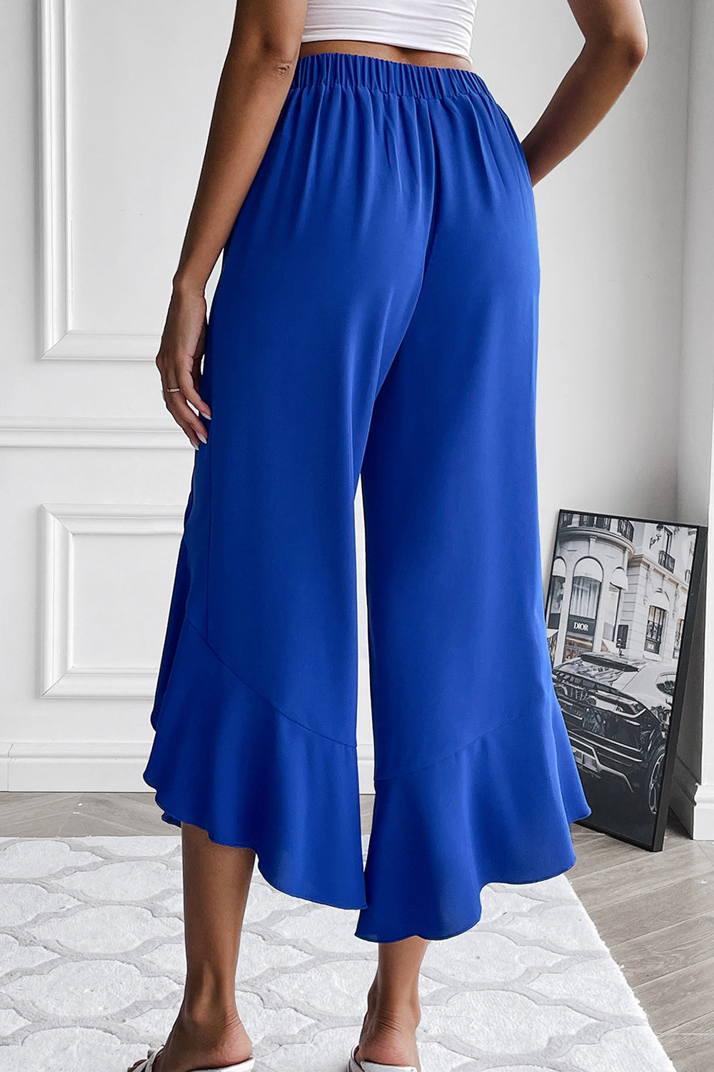 Royal Blue Ruffle Trim Cropped Wide Leg Pants