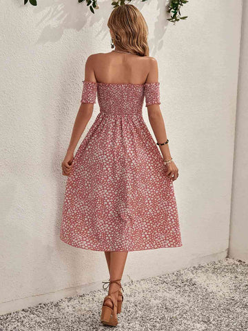 Coral Petal Hem Elastic Off-shoulder Dress