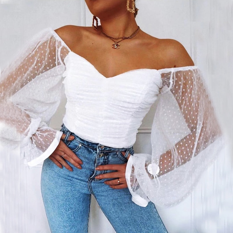 Women Mesh Shirt Puff Sleeve Sweetheart Top