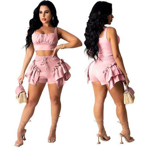 Pink Women Ruffle Two Piece Sets