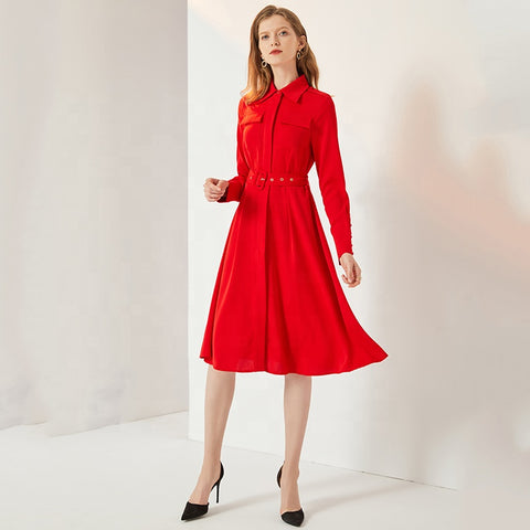 Red Casual Long-sleeved Solid Color Dress