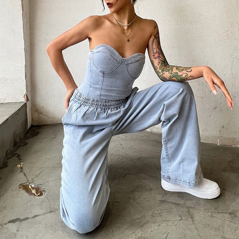 Light Blue Denim Tube Top and Pants Set 