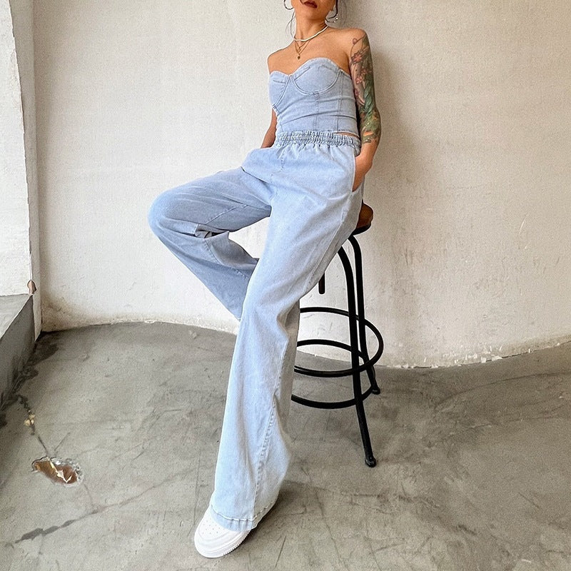 Light Blue Denim Tube Top and Pants Set 