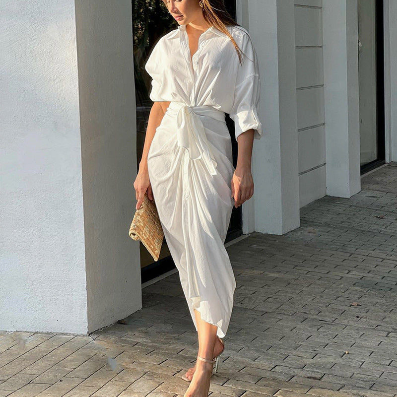 V-Neck Long Sleeve "Vivian" White Maxi Dress