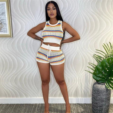 Women Rainbow Crochet Short Set 