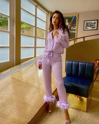 Solid Color Lapel Top Pajamas Suit  | Cultureheaven.com