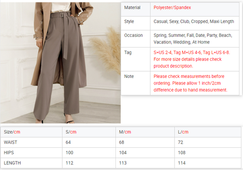 Women Vogue Wide Leg Pants size chart