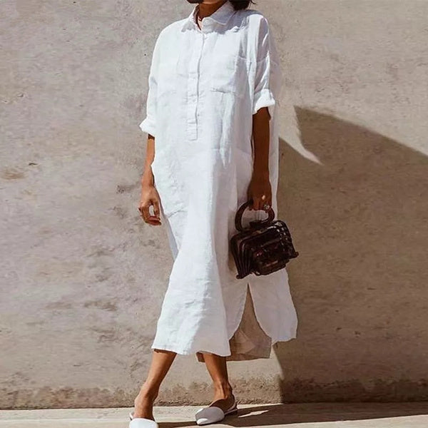 White Side Split Long Sleeve Cotton Linen Shirt Dress