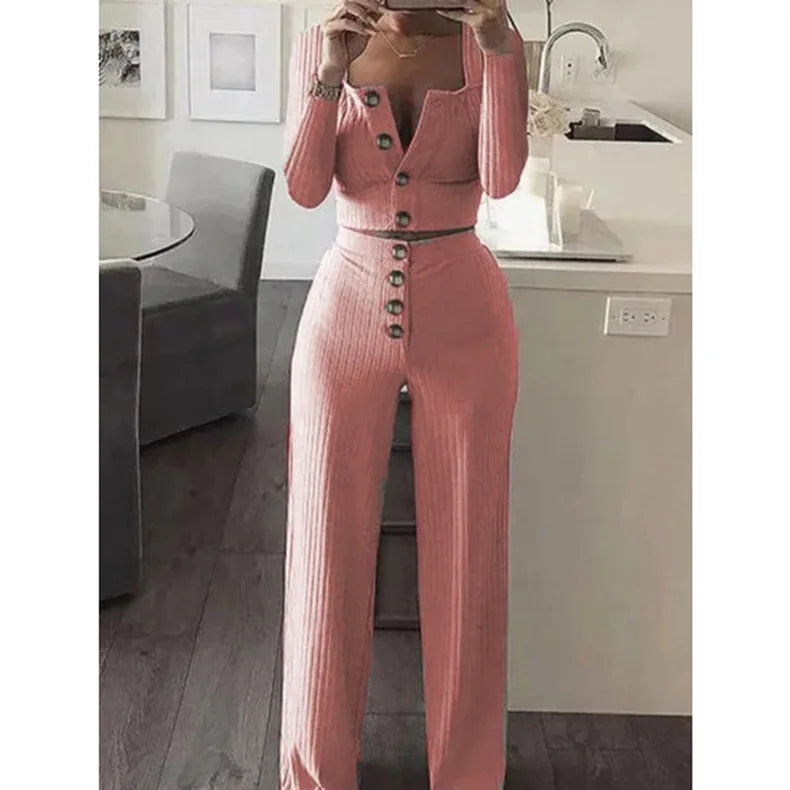 2-Piece Long Sleeve Sexy Crop Top and Pant Sets 