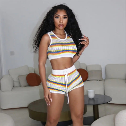 Women Rainbow Crochet Short Set 