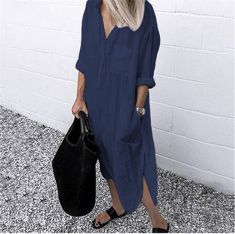 Navy Blue Side Split Long Sleeve Cotton Linen Shirt Dress