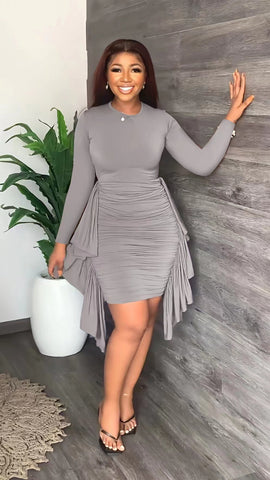 Irregular Flounces Trim Pleated Dress Gray