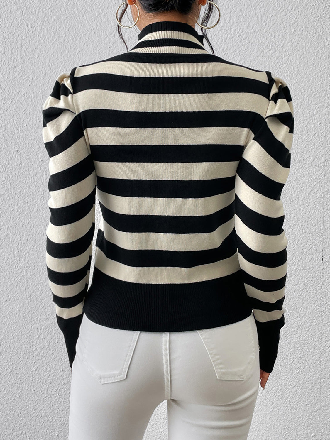 Black and White Striped Cut-out Mock Neck Knitted Tops