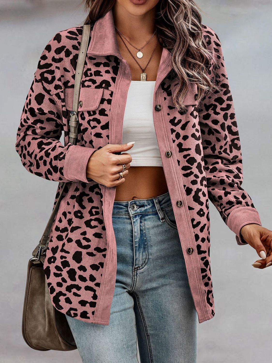 Women Pink Leopard Buttoned Jacket